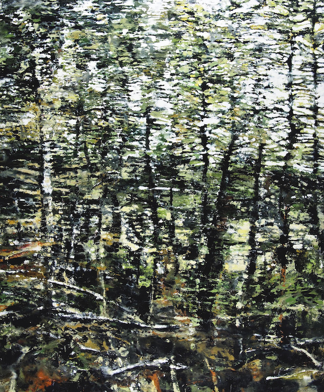 Saison d’Art 2020 : Philippe Cognée  Rideau vert  2019  encaustique sur toile marouflée sur bois 160 x 132 cm Courtesy galerie Alice Pauli Lausanne 